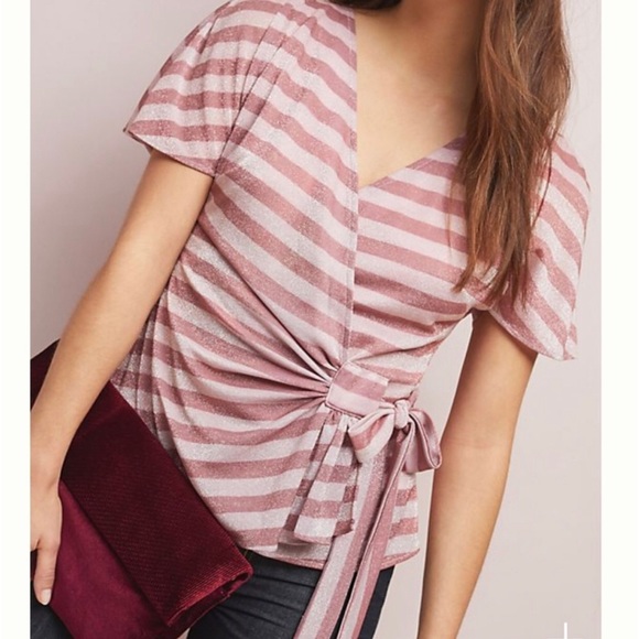 Eva Franco Tops - Eva Franco Anthropologie Metallic Pink Striped Wrap Top Blouse